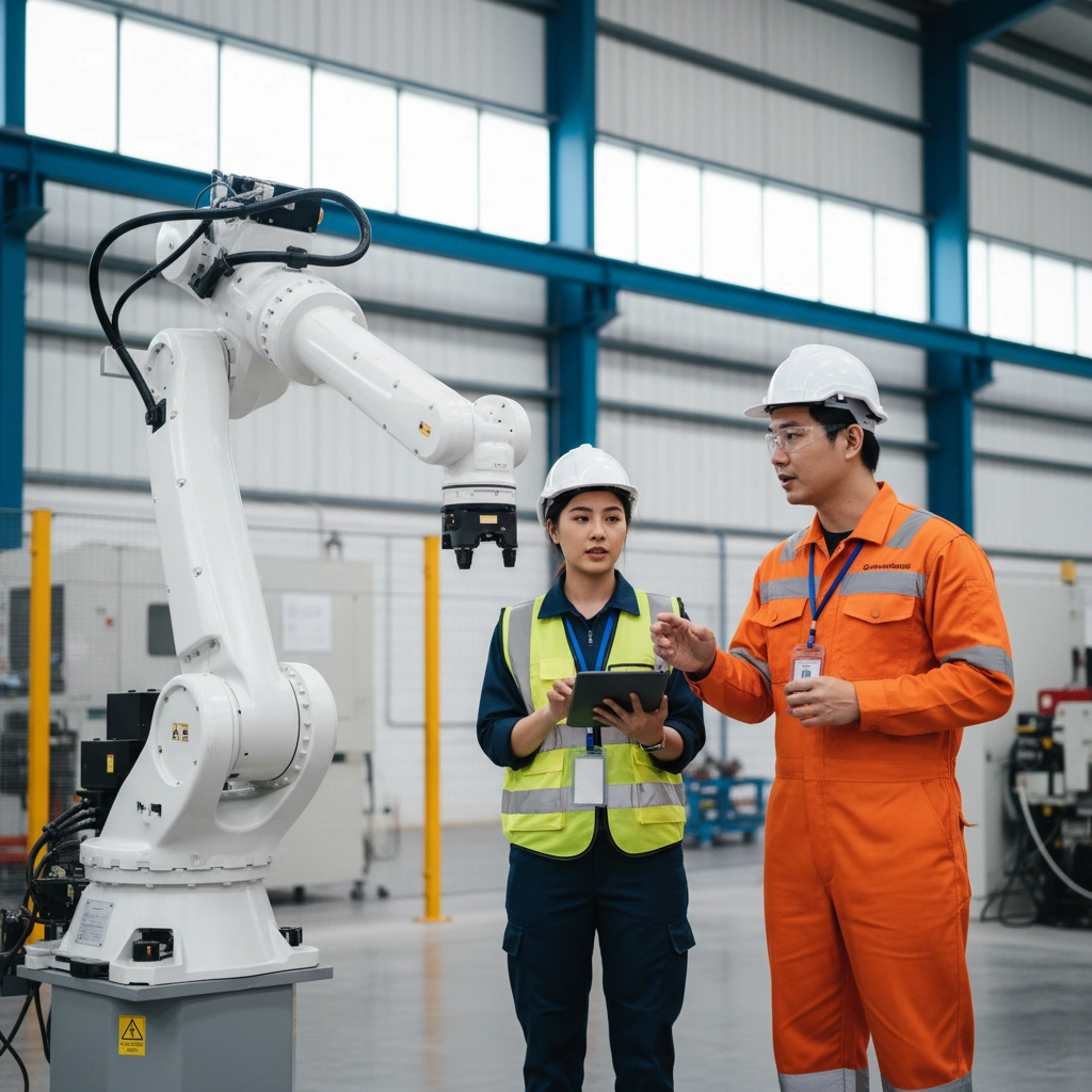 Hai công nhân đeo thẻ nhân viên đang trao đổi trong nhà máy robot