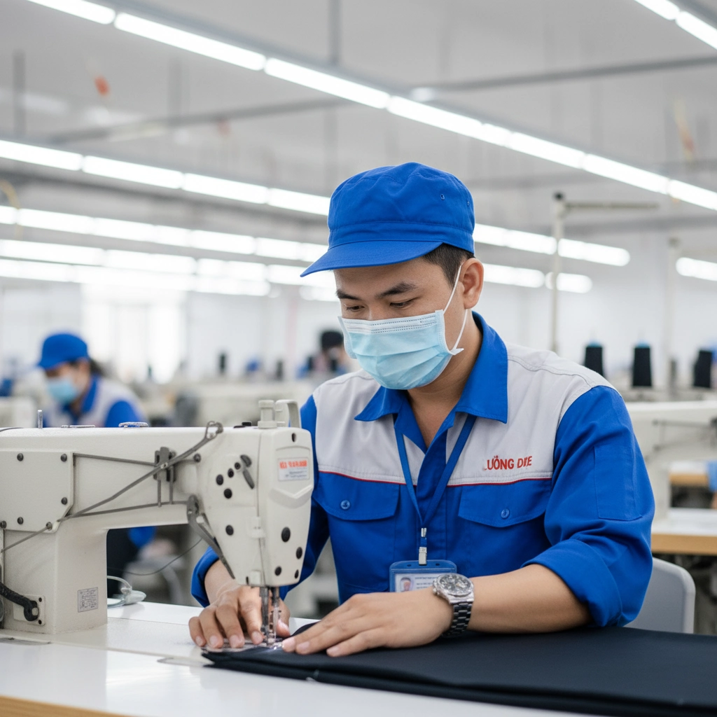 Công nhân làm việc có đeo thẻ nhân viên